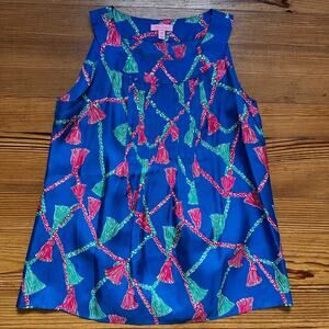 Lilly Pulitzer blue‎ tassel design silk pleated front blouse shirt SIZE M